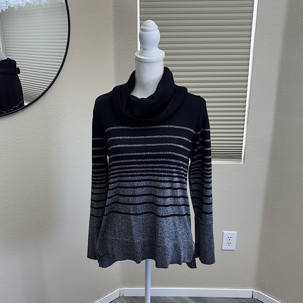 CABLE & GAUGE • Striped Cowl Neck Sweater